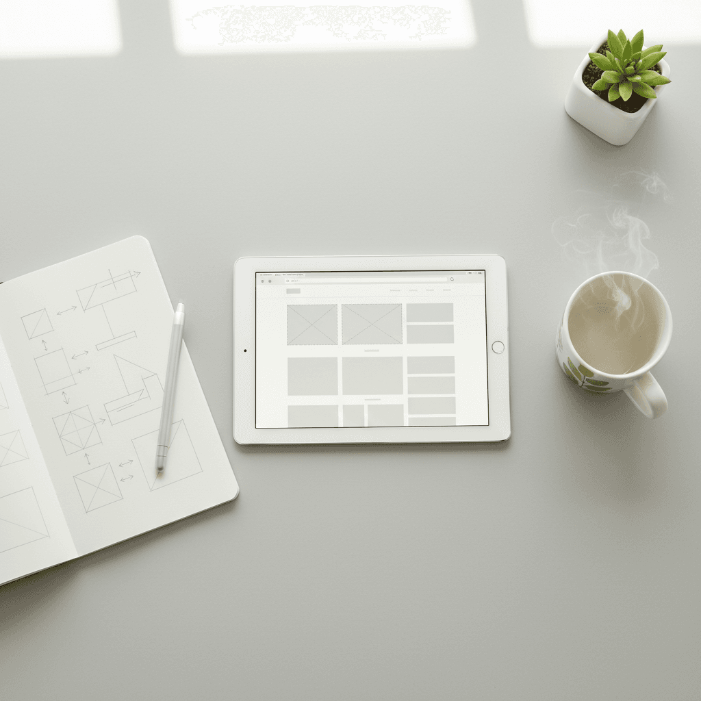 Landing page wireframe mockup on tablet