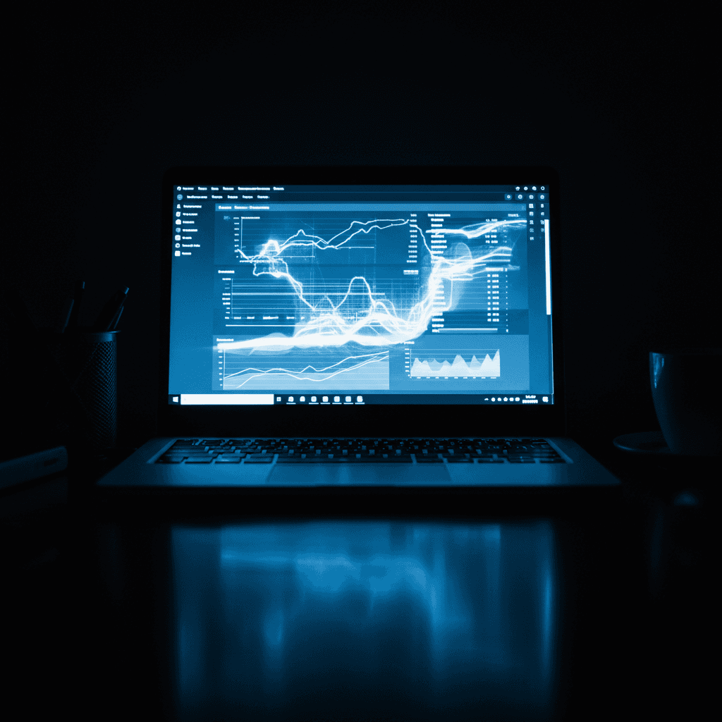 Laptop screen with analytics dashboard reflecting on dark desk