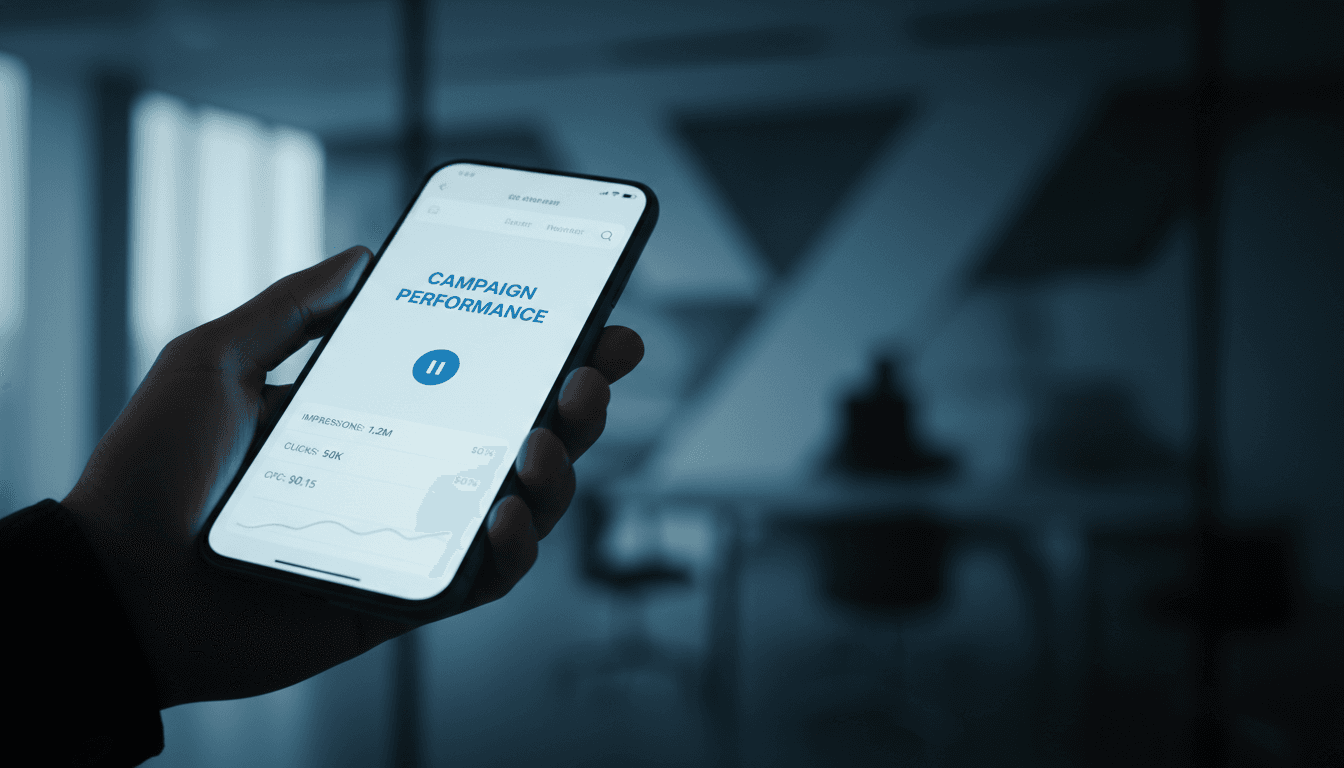 Smartphone displaying ad campaign interface in modern office
