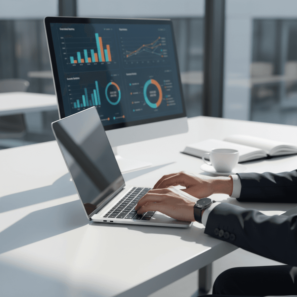 Digital marketing analytics dashboard on a laptop screen in a modern office setting